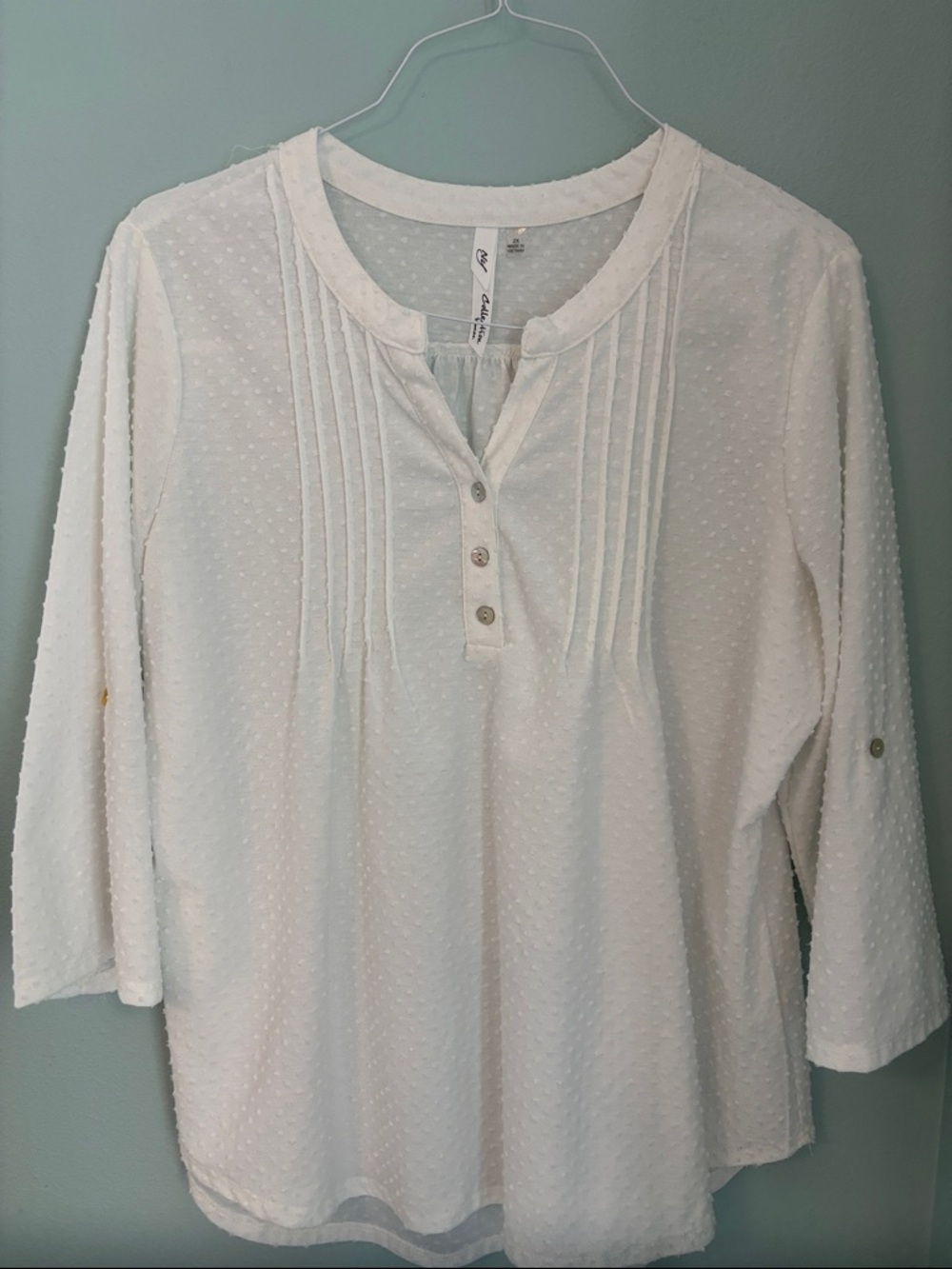 White Textured Split-Neck Women's Top
